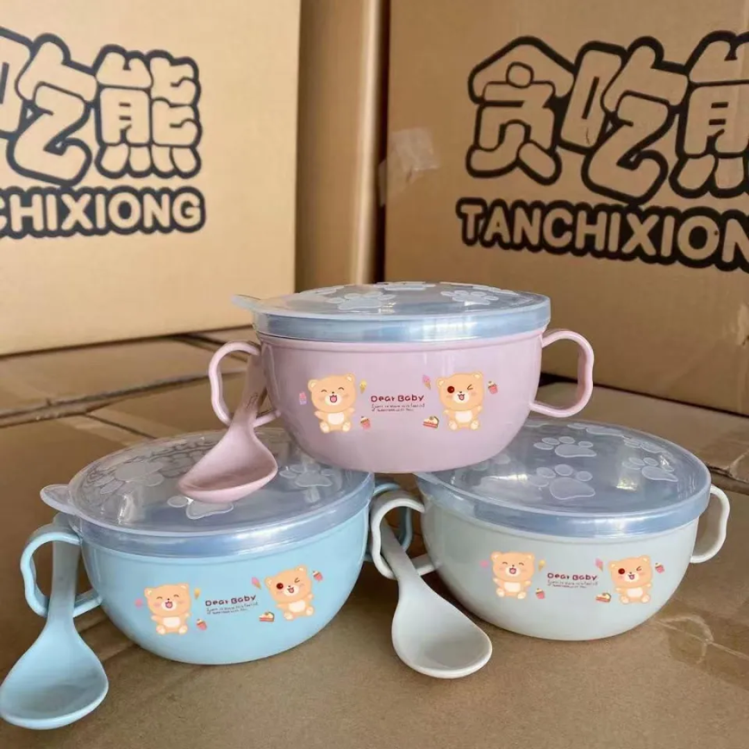 New Baby Feeding Bowl with Lids Stainless Steel Insulated Bowl Spoon Set